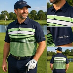 Walter Hagen 11 Majors Golf Polo Shirt Men's XXL Navy Green Striped Performance